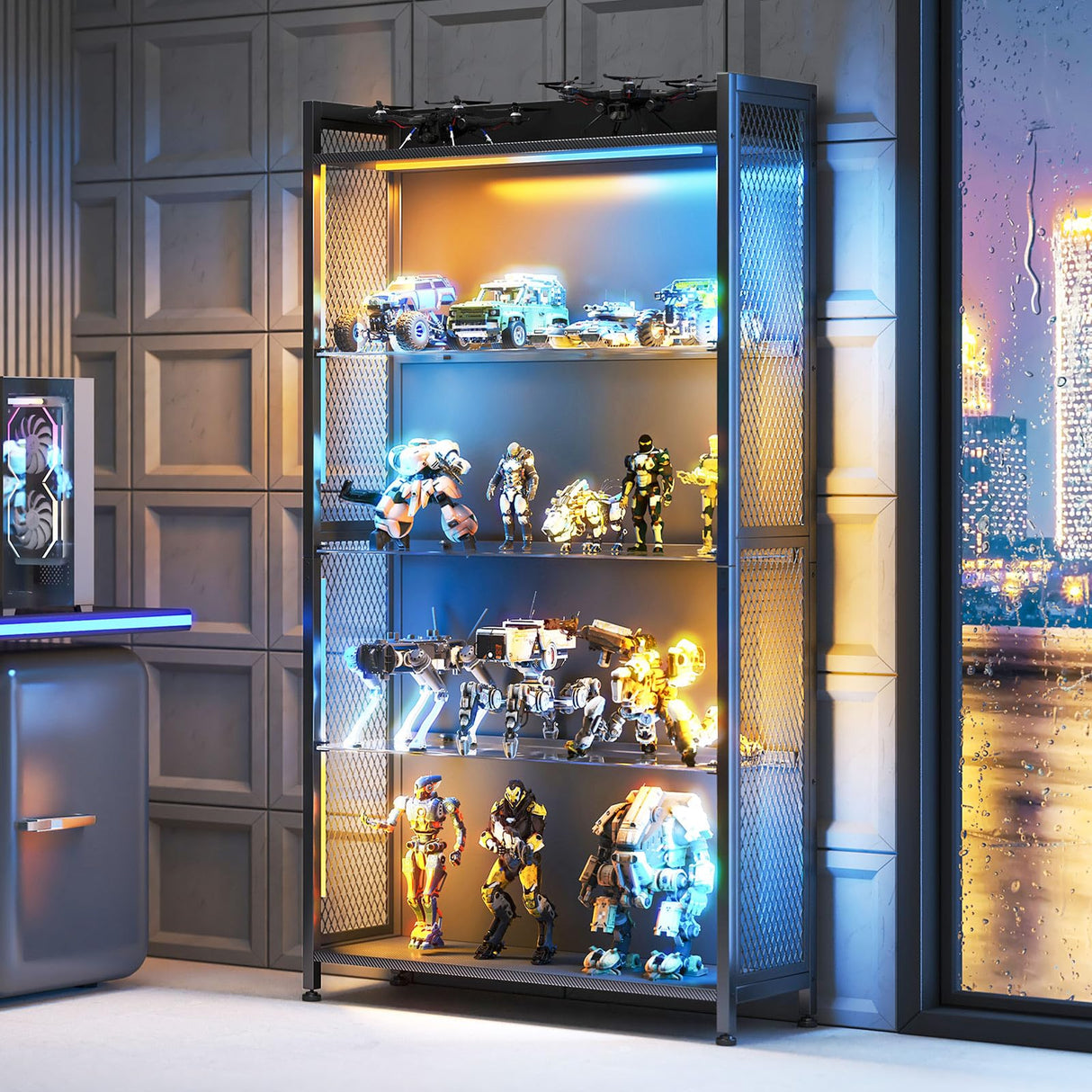 AODK Display Case with LED Lights, Display Cabinet with Glass Storage Shelves, 4-Tier Display Shelf for Collectibles, Curio Cabinet, Black AODK