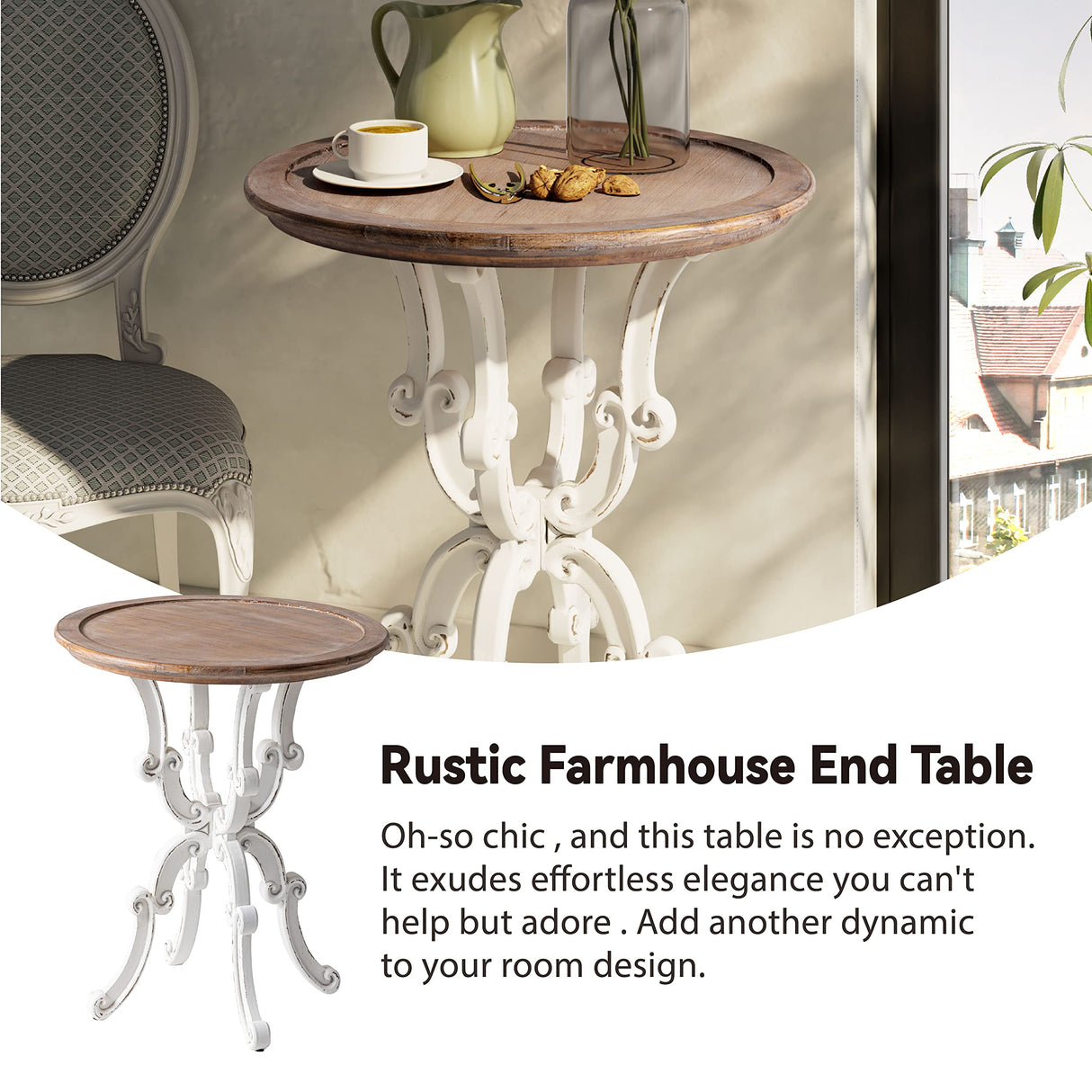 LONYKE Rustic Accent End Table, Farmhouse Side Table with Natural Top for Family, Dining or Living Room, Handcrafted Finish, White LONYKE