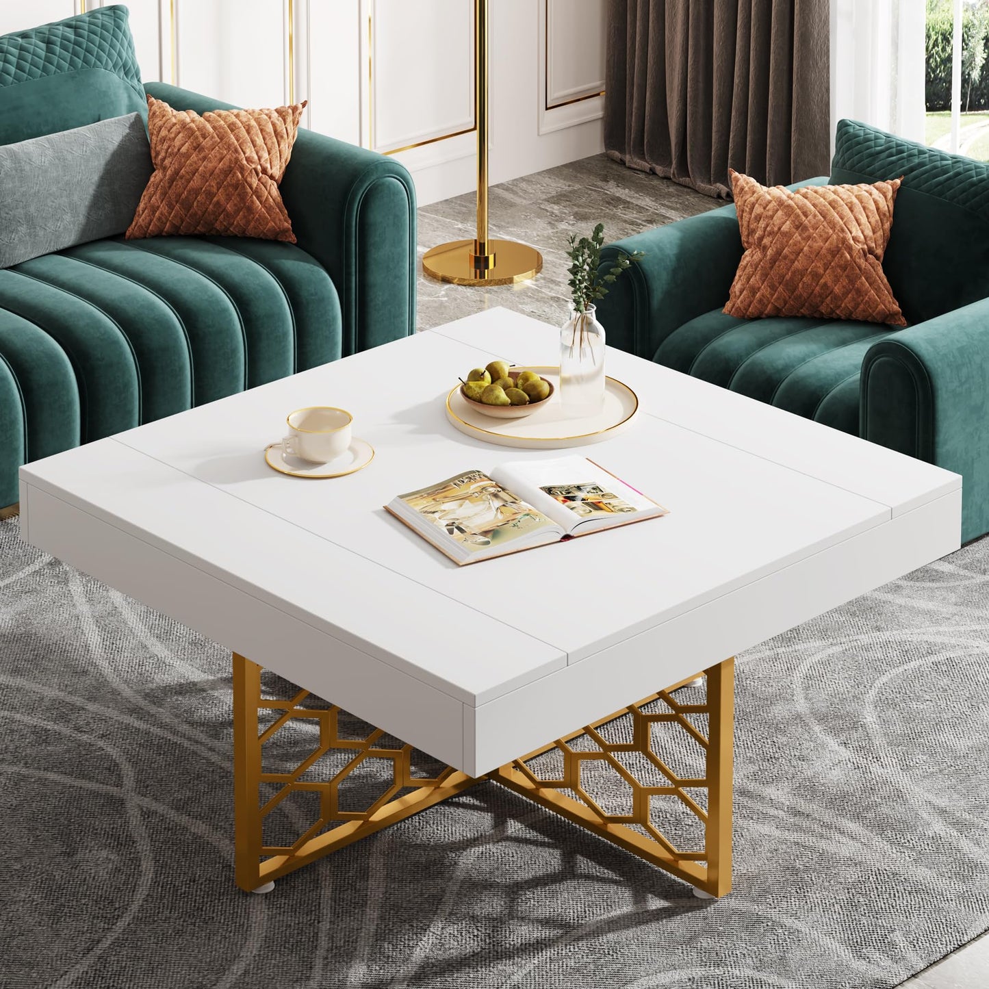 Tribesigns Wood Square Coffee Table with Gold Base White and Gold Coffee Table for Living Room White Low Coffee Table - WoodArtSupply