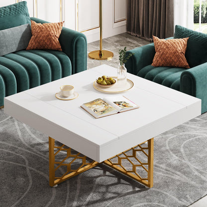 Tribesigns Wood Square Coffee Table with Gold Base White and Gold Coffee Table for Living Room White Low Coffee Table - WoodArtSupply