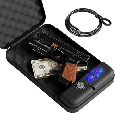 Grimtron Portable Pistol Safe – Electronic Lock Box & Key Access, Silent Mode, Compact Car Gun Safe for Handgun, Small Single Safe for Travel, Office, Dorm Use