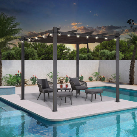 PURPLE LEAF 10' X 10' Outdoor Retractable Pergola with Sun Shade Canopy Patio Metal Shelter for Porch Beach Garden Pavilion Grill Gazebo Modern Yard Grape Trellis Gray Pergola with String Lights PURPLE LEAF