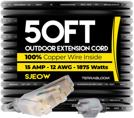 TerraBloom 12/3 Heavy Duty Extension Cord 50 FT Outdoor - Black Outdoor Extension Cord Multiple Outlet - Ultra-Flexible SJEOW Rubber, Light Indicator, Triple Outlet for Maximum Efficiency - 15 Amp TerraBloom