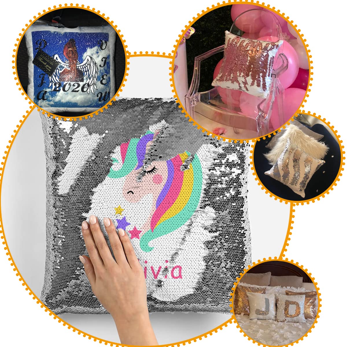 HMQIANG Sequin Pillow Covers 16''x16'' Set of 2 Silver Flip Glitter Reversible Personalized Sublimation Blanks DIY Printing Cushion Pillow Cases for Couch HMQIANG