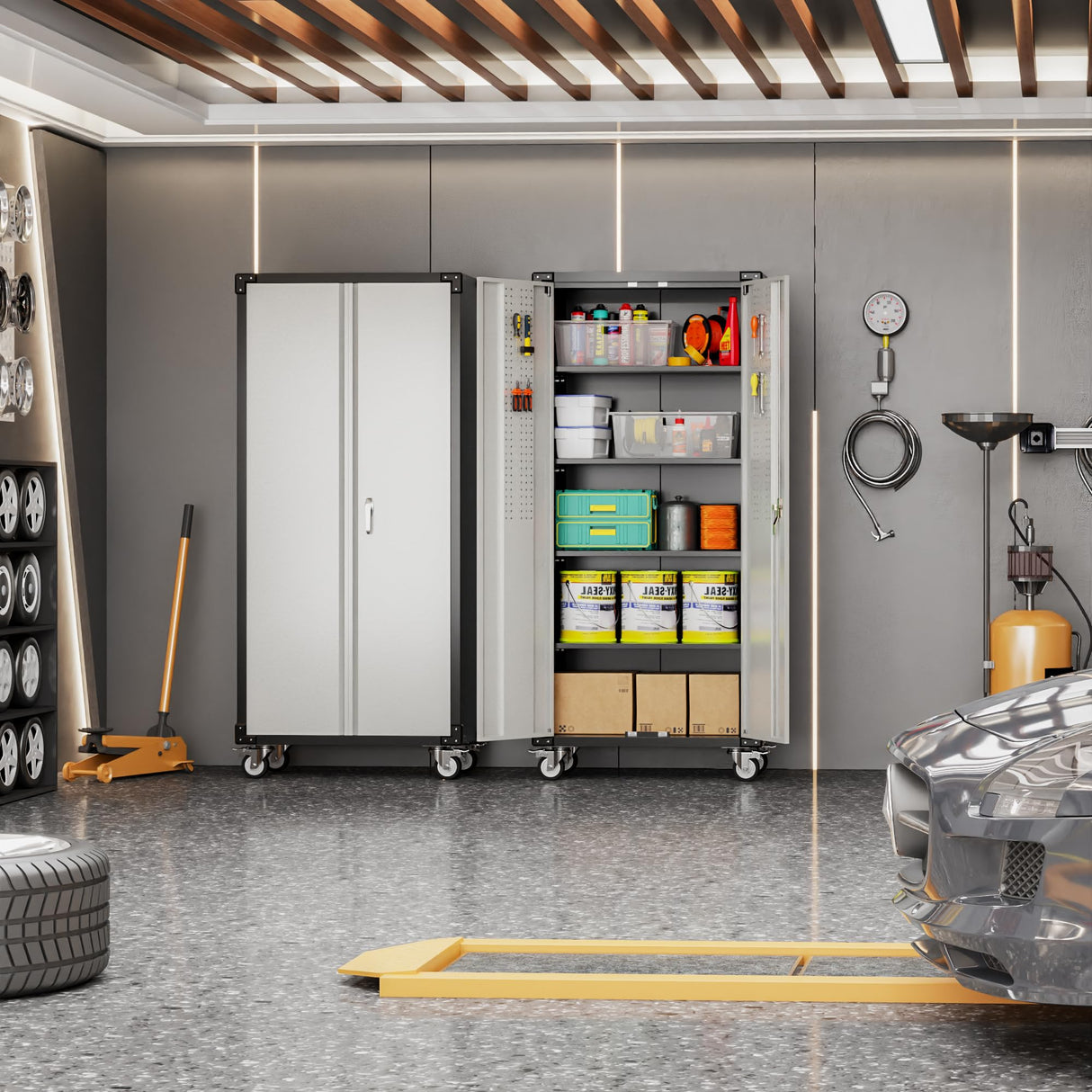 JAORD Garage Storage Cabinets with Wheels and Pegboard,Rolling Metal Storage Cabinets with 2 Locking Doors and 4 Adjustable Shelves for Garage, Home, Assembly Required JAORD