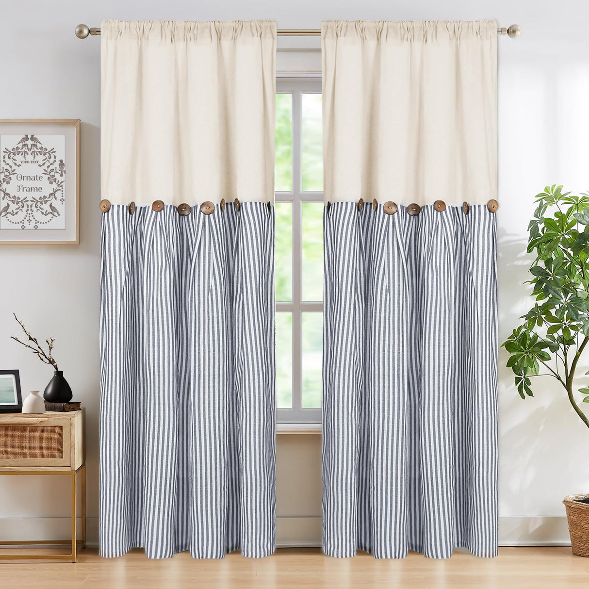 ASPMIZ Cotton Linen Farmhouse Curtains Boho Rustic Button Drapes, Linen Window Curtain Panels, Blue Stripe Country Curtain for Living Room, Modern Back Tab Blackout Curtains 52 x 84 Inch, 2 Panels ASPMIZ