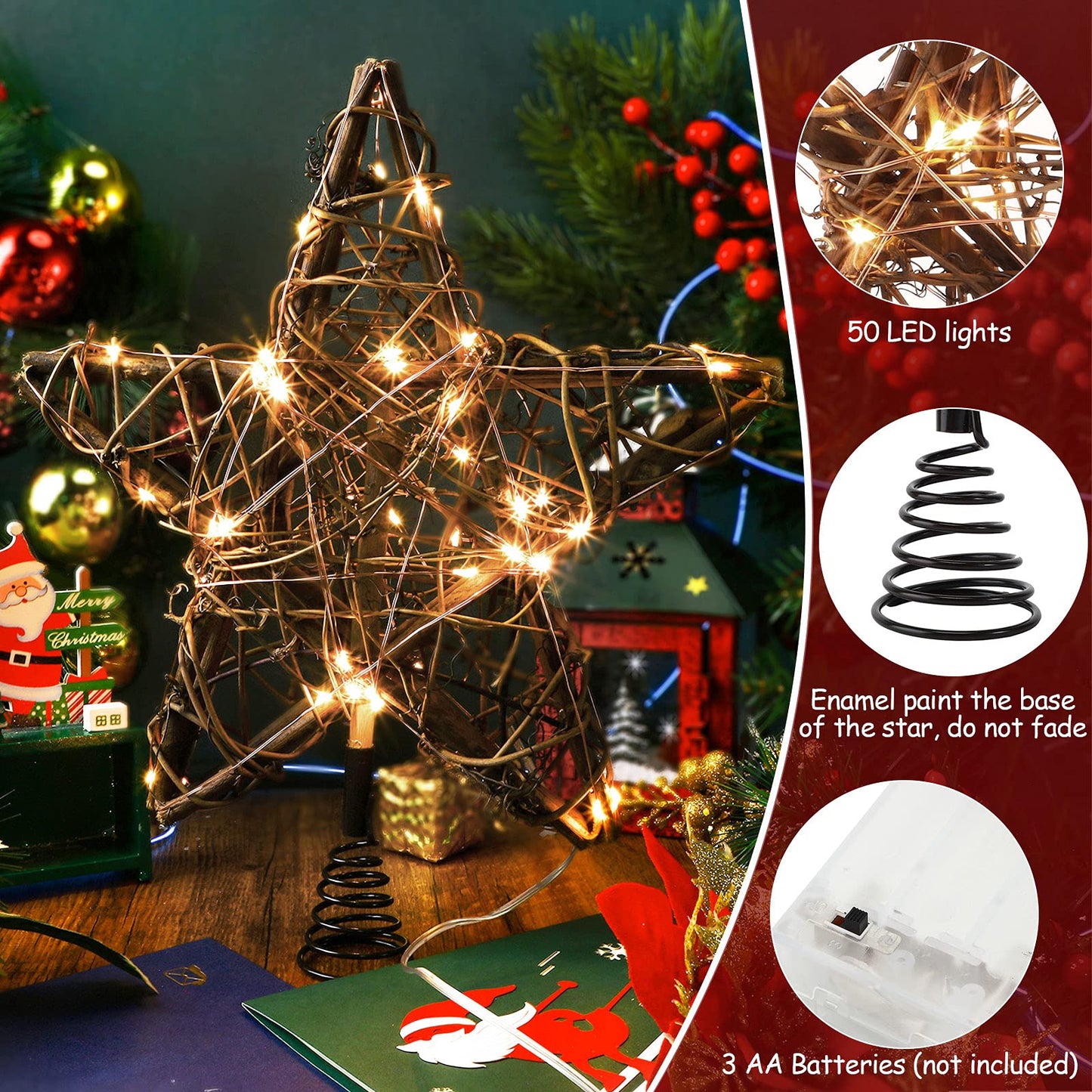 Star Tree Toppers Christmas Decorations Indoor Natural Brown Rattan Star Christmas Tree Topper Lighted Rustic Rattan Star Rustic Rattan Treetop Holiday Xmas Party Decorations (Warm White Light)