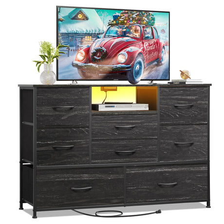 EKNKOZY Dresser TV Stand with 8 Drawers, Dresser TV Stand with LED Lights & Power Outlets, Bedroom Dresser, Chest of Drawers for 55'' Long TV, Wide Fabric Dresser, Black EKNKOZY