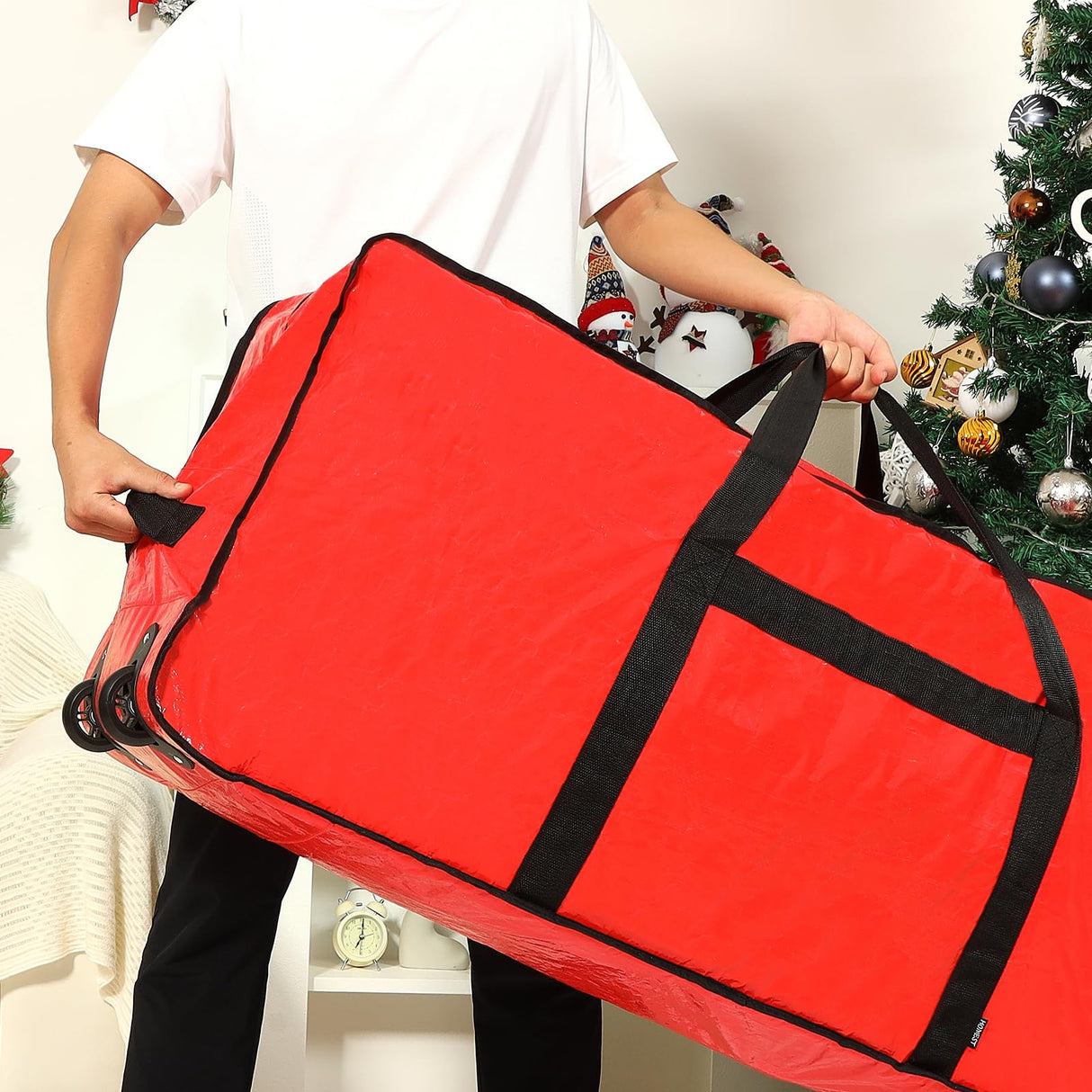 HOMEST Christmas Tree Storage Bag, Fits for 7.5 ft Artificial Xmas Tree, Zippered Christmas Tree Bag with Reinforced Carrying Handles and Wheels, Red (Bag Only) HOMEST