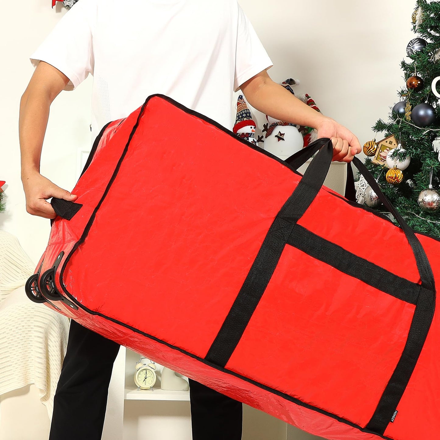 HOMEST Christmas Tree Storage Bag, Fits for 7.5 ft Artificial Xmas Tree, Zippered Christmas Tree Bag with Reinforced Carrying Handles and Wheels, Red (Bag Only)