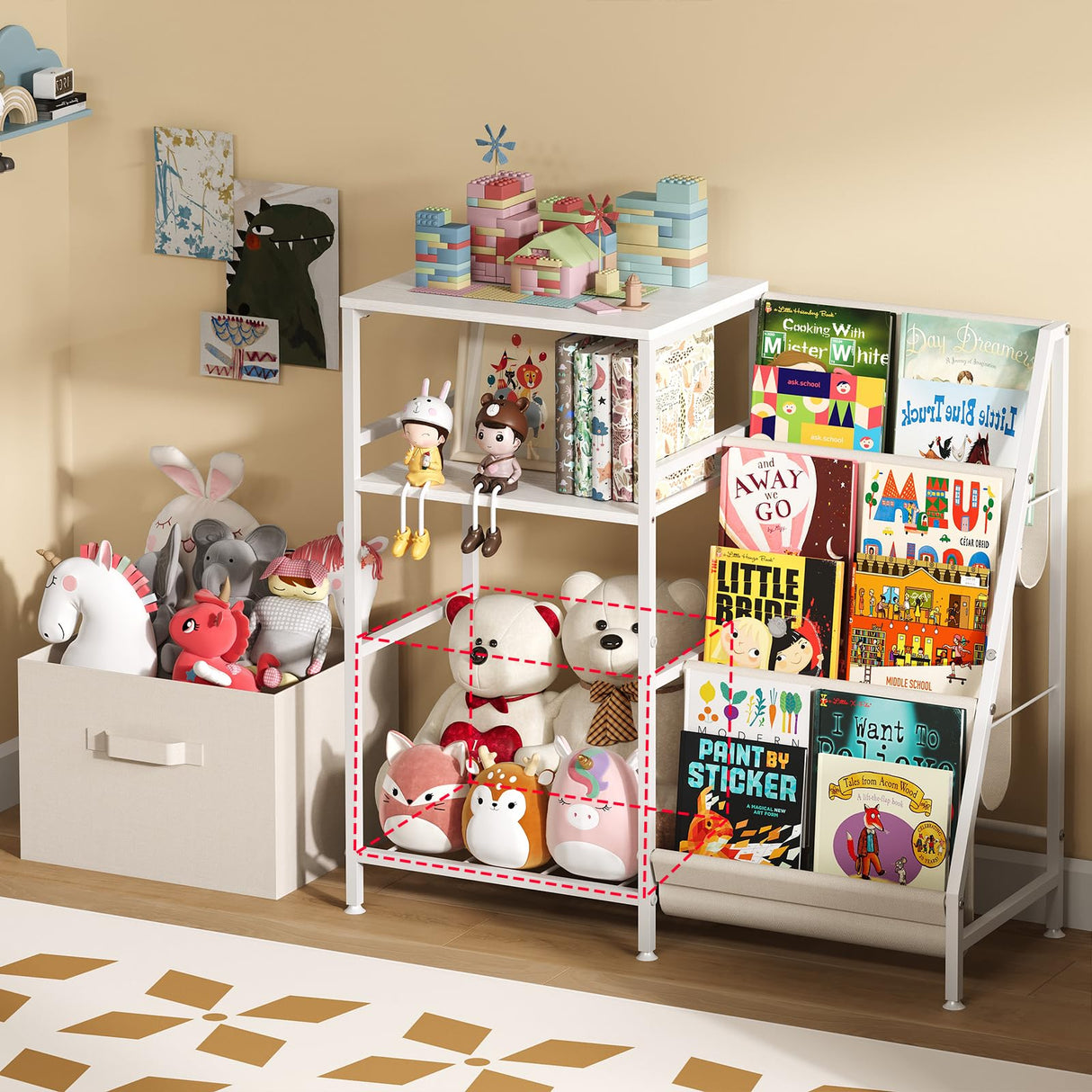 Kids Bookcases Montessori Bookshelf Nursery Book Shelves And Toy Storage With Drawer Childrens Toddler Bookshelf Sturdy Metal Kid's Toy Storage Organizer For Kids' Rooms Playroom kindergarten Aokitsink