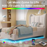 LIKIMIO Twin Bed Frame with Headboard, Velvet Upholstered Platform Bed with LED Light, Solid Wood Slats Support, No Box Spring Needed, Cream LIKIMIO