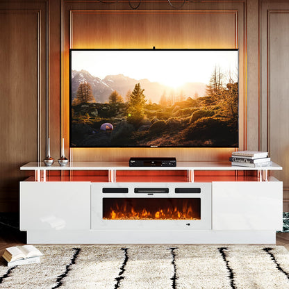 oneinmil Fireplace TV Stand with 36” Electric Fireplace, 70” 2 Tier TV Console Stand for TVs Up to 80", LED Light Entertainment Center, Fireplace for The Living Room TV Stand, White - WoodArtSupply