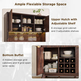 OKD 72" Tall Wine Bar Cabinet with Storage Hutch, Modern Wood Fluted Coffee Bar Cabinet with LED Lights and 10 Tier Storage Shelf & 9 Grid Wine Glass Rack for Home Dining Room Kitchen (Dark Walnut) OKD