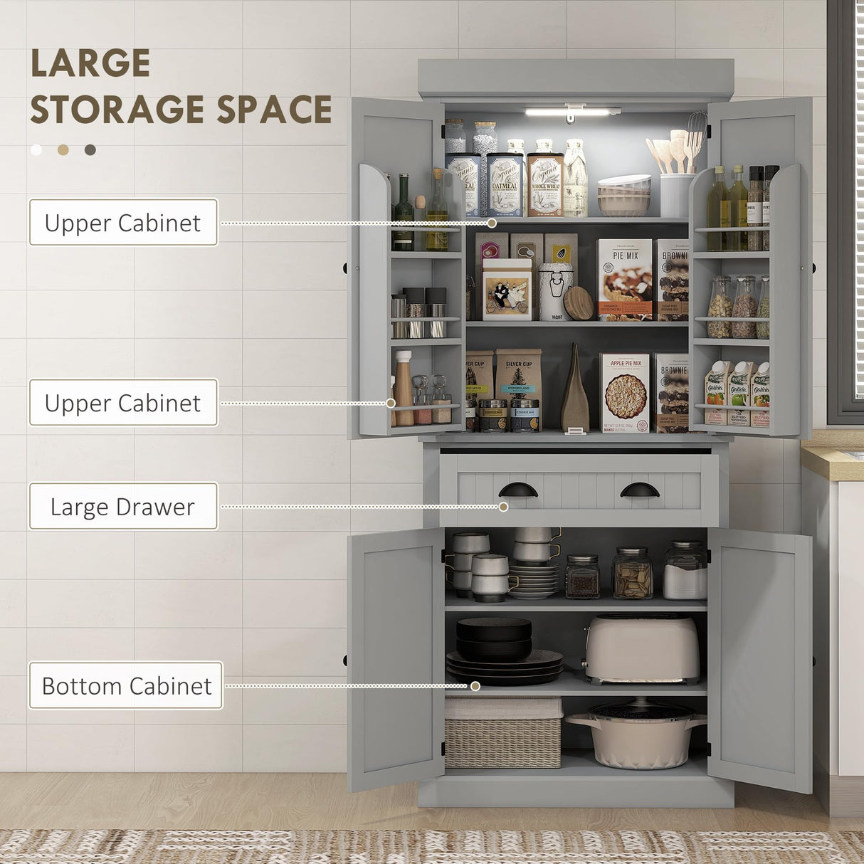 HOMCOM 71" Kitchen Pantry Cabinet with LED Motion Sensor Light, Tall Storage Cabinet with 6 Door Shelves, Drawer & Adjustable Shelves, for Living & Dining Room, Gray HOMCOM