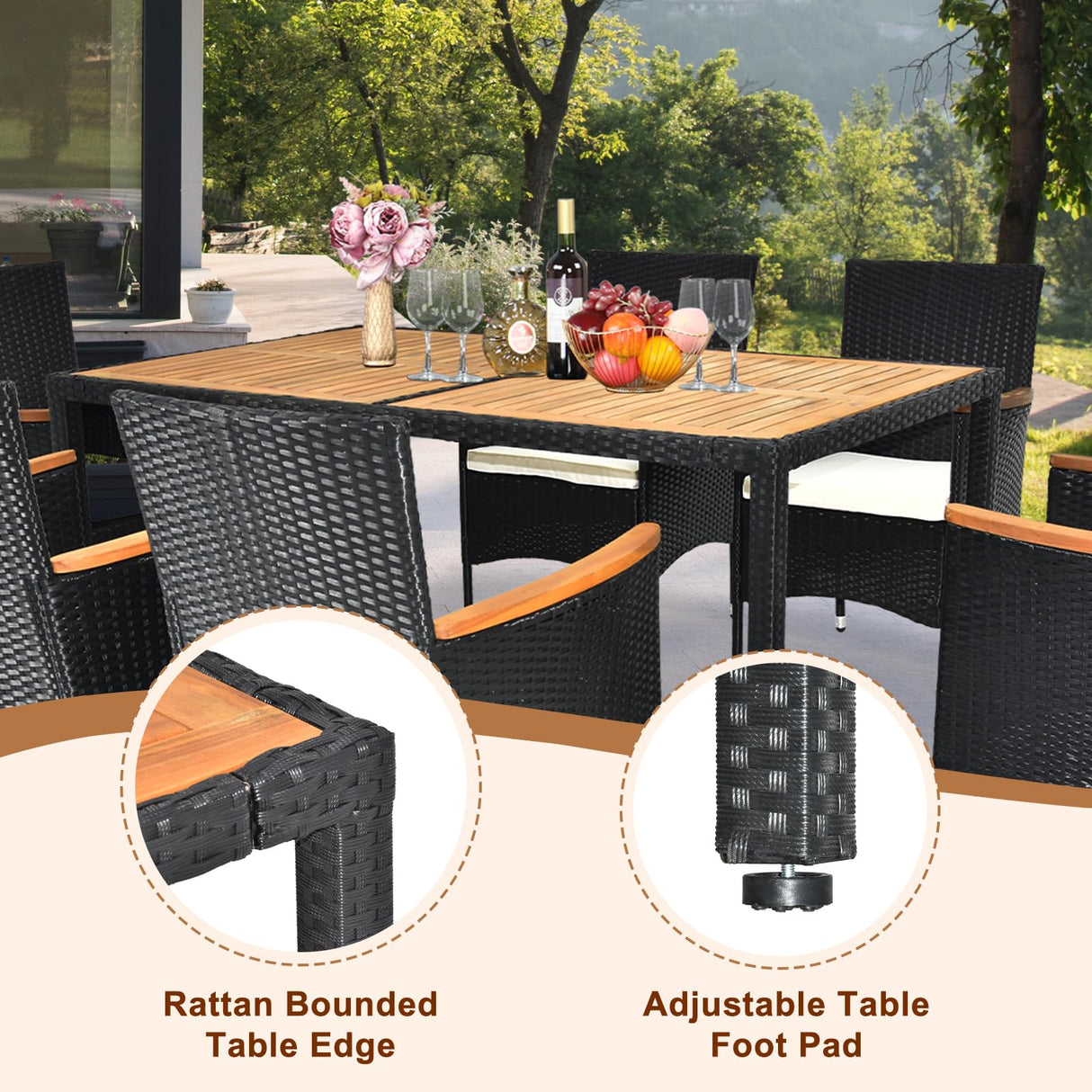 VINGLI 7 Pieces Patio Dining Set, Wicker Outdoor Dining Set for 6 Patio Furniture Set with Acacia Wood Table Outdoor Table and Chairs for Garden and Yard VINGLI