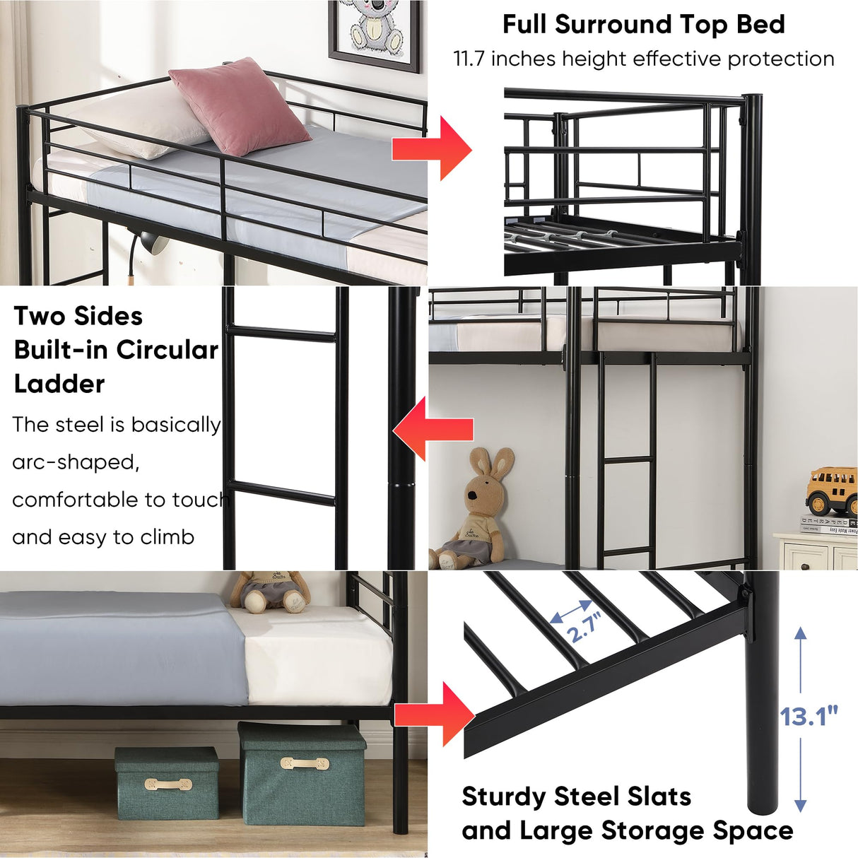 HomJoones Twin Over Twin Metal Bunk Bed with Trundle Heavy Duty Twin Size Metal Bunk Beds Frame with 2 Side Ladders Convertible Bunkbed with Safety Guard Rails,No Box Spring Needed HomJoones