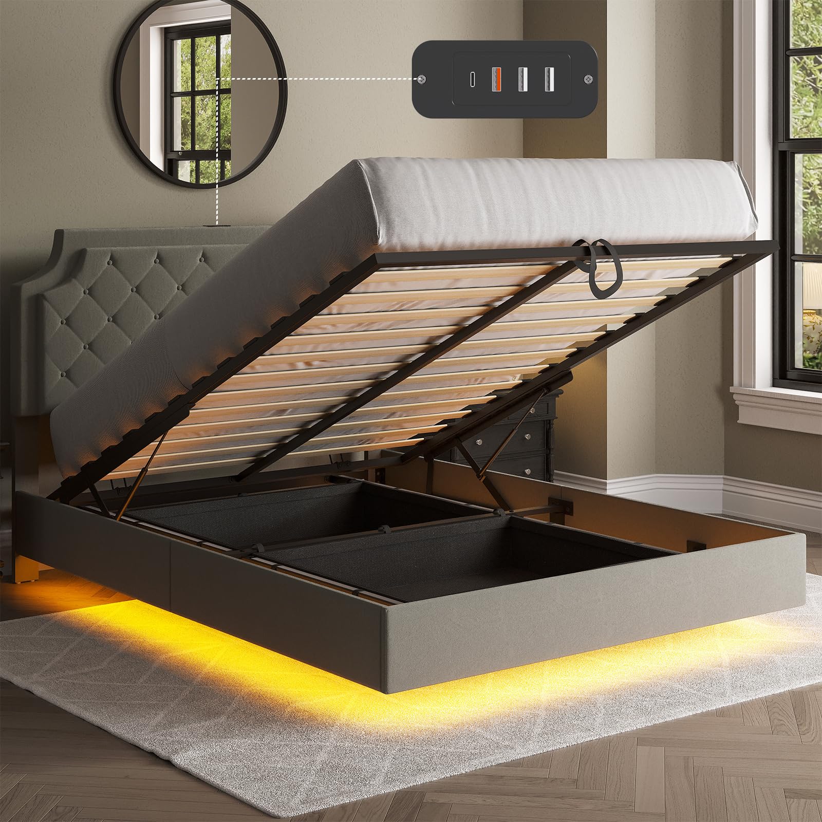 Queen Size Lifting Upholstered Bed Frame with Adjustable Headboard, Storage Space & LED Lighting - WoodArtSupply