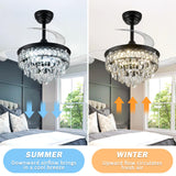 LEONTYNE 36 inch Fandelier Ceiling Fan with Light and Remote LED Dimmable Crystal Ceiling Fan 3 Blades 6 Speeds Invisible Retractable Ceiling Fan for Bedroom Living Room Dining Room (Black) LEONTYNE
