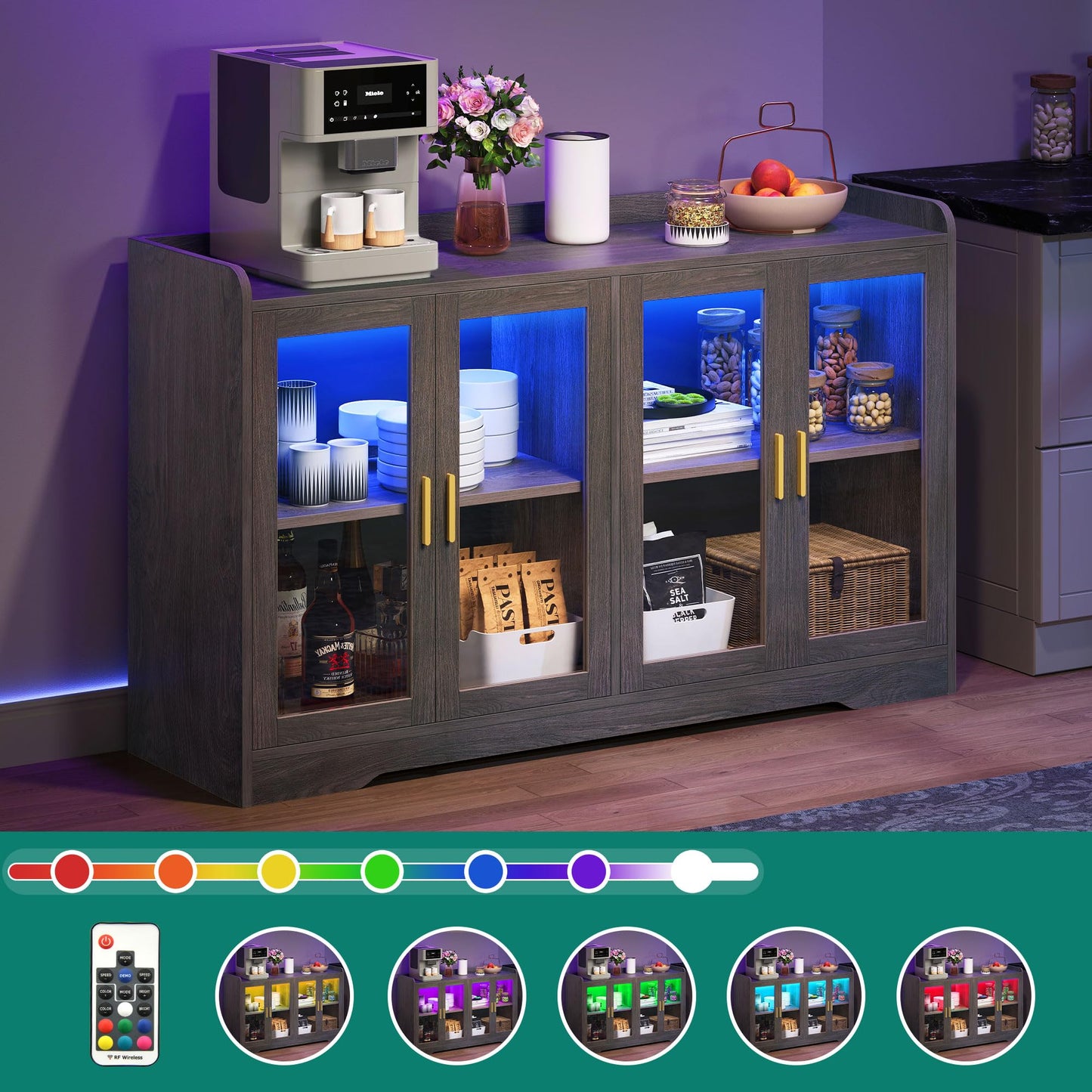 YITAHOME Home Bar Cabinet w/LED Light, 55'' Liquor Cabinet with 4 Doors, Coffee Bar Cabinet with Adjustable Shelves, Wine Cabinet for Kitchen, Living Room, Charcoal Grey