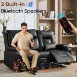 URRED Manual Reclining Loveseat Sofa with Console, Double Recliner RV Couch with Bluetooth Speakers, USB & Power Outlet, Cup Holders, Pillow and Side Pocket, for Home Theater, Faux Leather, Black URRED