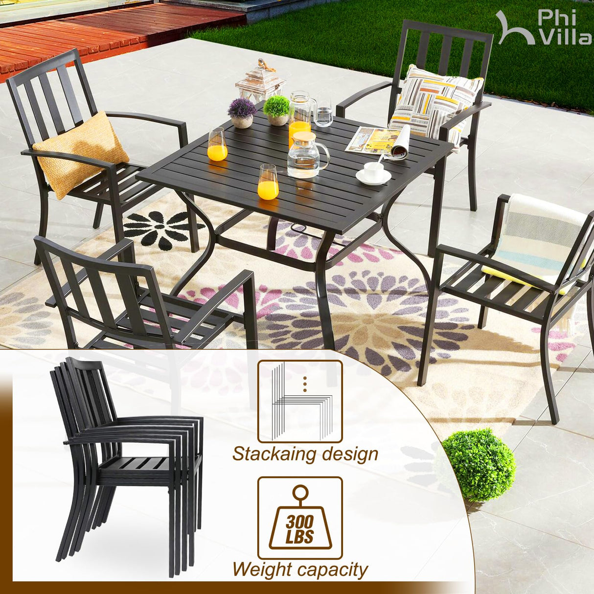 PHI VILLA 5 Piece Outdoor Dining Set with 10ft Umbrella, 37" Square Metal Dining Table & 4 Stacking Metal Chair with 3 Tier Navy Umbrella for Patio, Deck, Yard, Porch PHI VILLA
