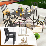 PHI VILLA 5 Piece Outdoor Dining Set with 10ft Umbrella, 37" Square Metal Dining Table & 4 Stacking Metal Chair with 3 Tier Navy Umbrella for Patio, Deck, Yard, Porch PHI VILLA
