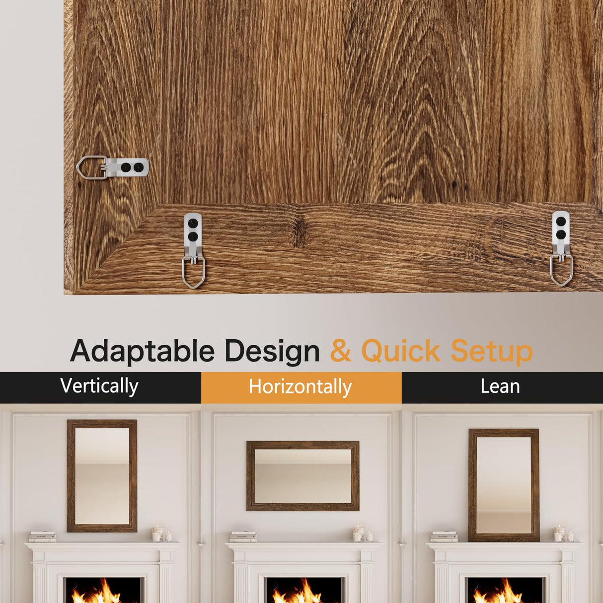 Rustic Wall-Mounted Vanity Mirror, Solid Wood Frame Bathroom Mirror, Farmhouse Style for Living Room, Bedroom, Entryway, Horizontal/Vertical Hanging ALBAD