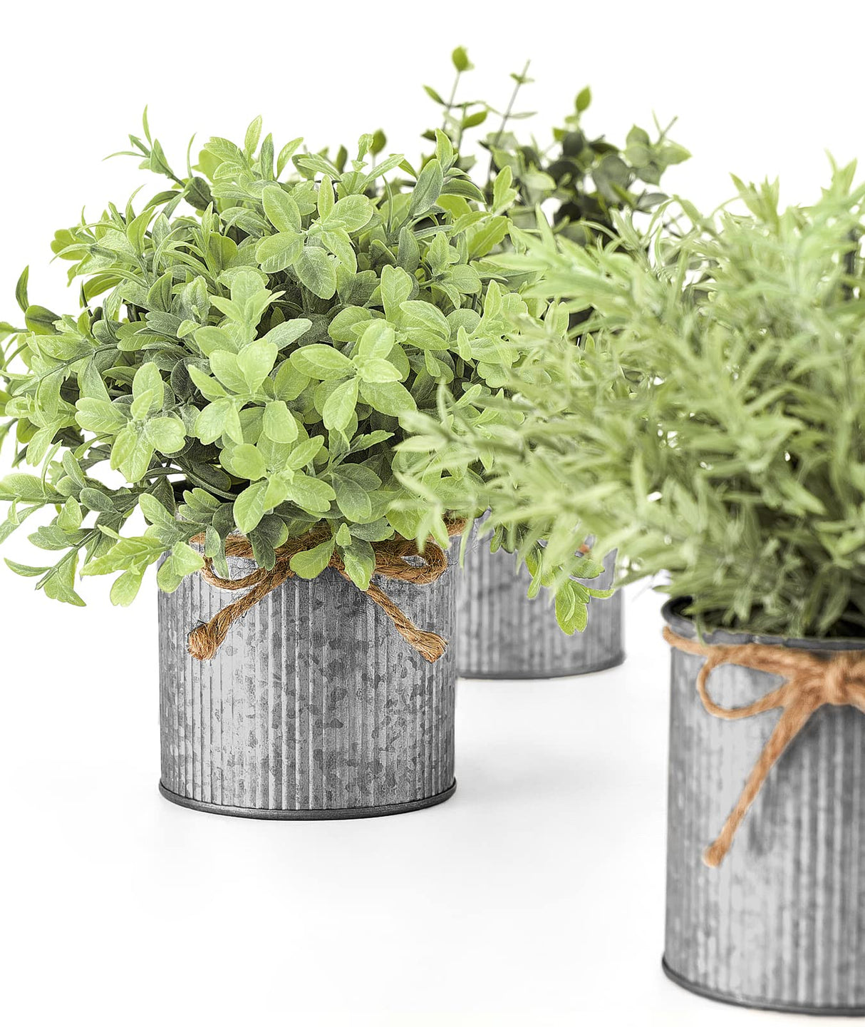 Mkono Small Fake Plants in Farmhouse Galvanized Metal Pots 3 Pack Potted Artificial Plant Eucalyptus for Laundry Room Bathroom Shelf Table Decor Mkono
