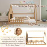 Full Size Floor Bed for Kids: Wood Montessori Bed with Fence & LED Light Full House Bed with Rails | Window Design for Girls Boys - Natural Mirightone