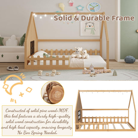 Full Size Floor Bed for Kids: Wood Montessori Bed with Fence & LED Light Full House Bed with Rails | Window Design for Girls Boys - Natural Mirightone
