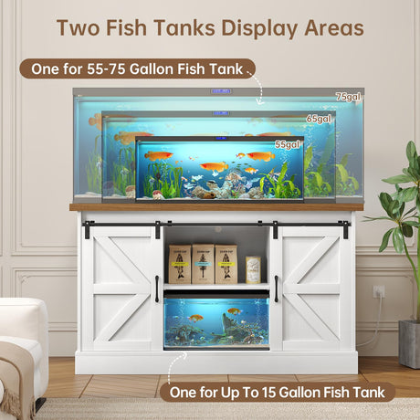 OtterOasis 55-75 Gallon Fish Tank Stand with Sliding Barn Doors & Power Outlet, Heavy Duty Aquarium Stand with Cabinet Storage for Fish Tank, Turtle Tank, Reptile Terrarium, 1000LBS Capacity, White OtterOasis