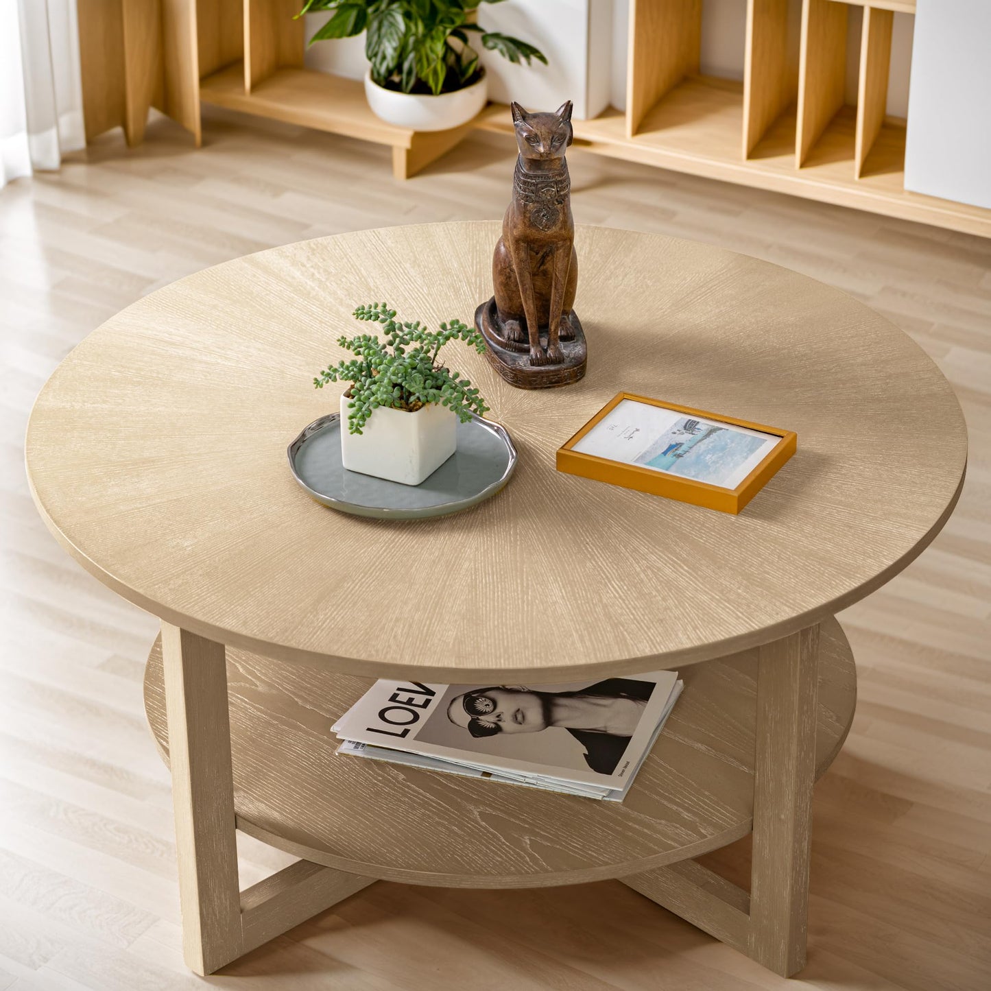 YESHOMY Round Coffee Table for Living Room, Solid Wood Legs with 2-Tier Storage Shelf, Center Large Circle Design, 35.5 x 35.5 x 18 Inch, Light Oak Brown - WoodArtSupply