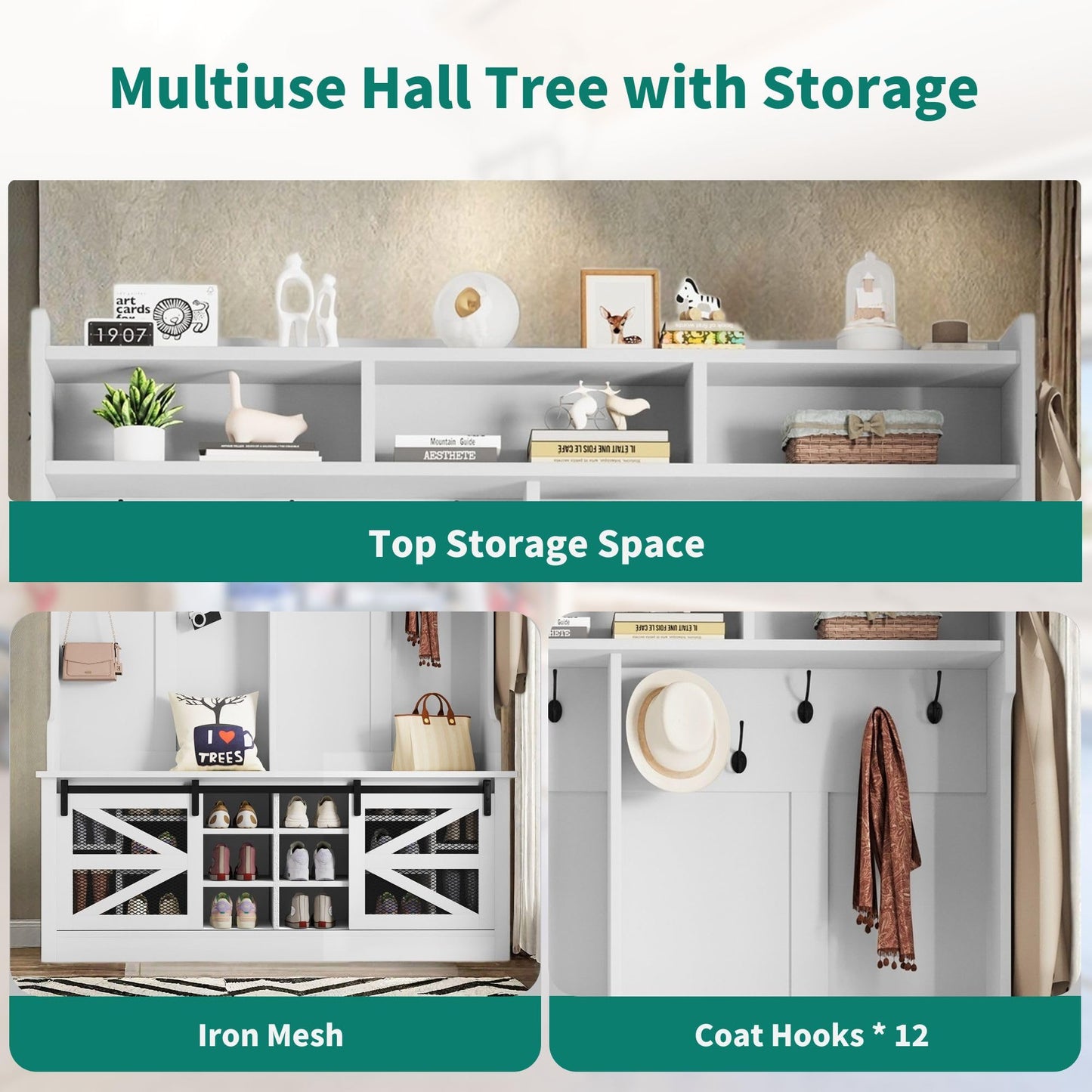 YITAHOME 59" Wide Hall Tree with Shoe Storage for Entryway, 16 Shoe Cubbies & 12 Coat Hooks, Entryway Bench with Coat Rack, Shoe Storage Cabinet for Hallway (White)