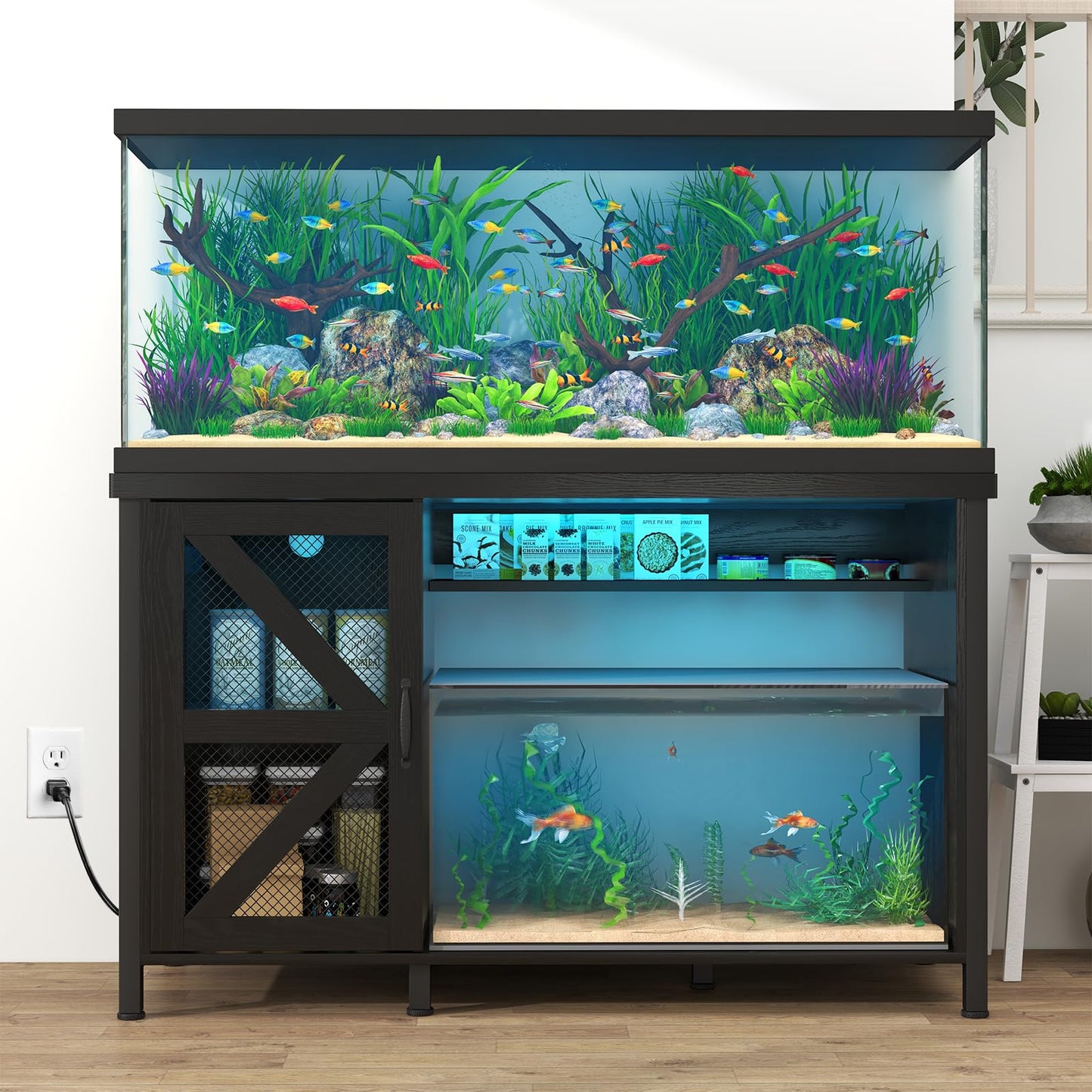 Verano 55-75 Gallon Aquarium Stand with Storage Cabinet, Fish Tank Stand with Power Outlets & LED Light, Wooden Turtle Tank 52 inch x 19.7-inch Desktop, Heavy Duty Metal Frame,1100LBS Capacity (Black)