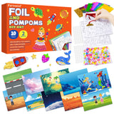 PARTYWIND Foil & Pom poms Art Fun Kit for Kids Ages 4-8 - Unicorns, Princesses, and Ocean DIY Arts & Crafts Supplies, Quiet Time Travel Toys, Birthday Gifts for Girls & Boys Ages 4 5 6 7 8 9 10 11 12 PARTYWIND
