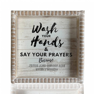 Boho Farmhouse Wooden Framed Bathroom Decor Signs, Funny Restroom Decorative Plaque Small Cute, Toilet Rules Shelf Decoration (Wash Your Hands)