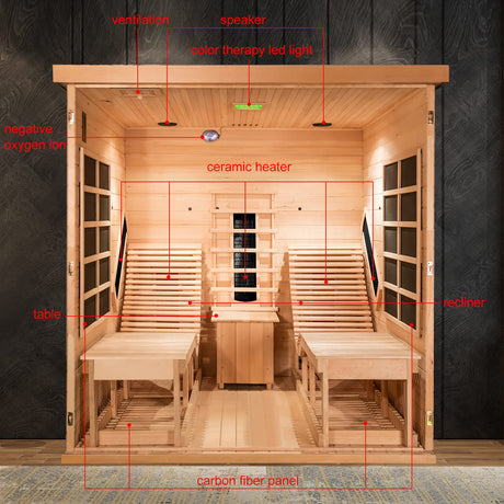 ZONEMEL Far Infrared 2 Person Wooden Sauna Room with Recliner, Red Cedar Luxury Indoor Sauna with 10 Heaters, Oxygen Bar, Lights, 3400 Watt, Infrared Therapy Wood Dry Heat Sauna, 220V ZONEMEL