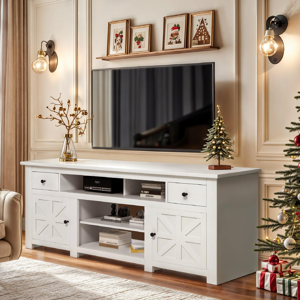 DWVO Farmhouse TV Stand for 75 Inch TV, Entertainment Center with Storage Cabinets, Media Console, TV Table with Drawers, TV Stands for Living Room, White DWVO