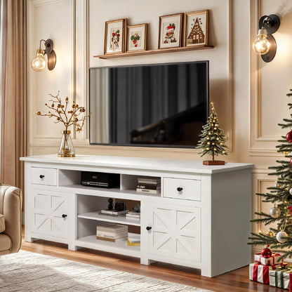 DWVO Farmhouse TV Stand for 75 Inch TV, Entertainment Center with Storage Cabinets, Media Console, TV Table with Drawers, TV Stands for Living Room, White