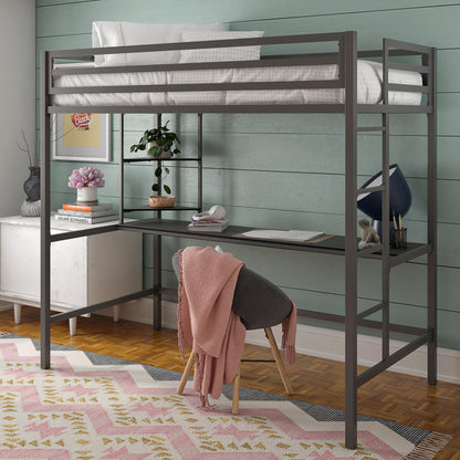 Novogratz Maxwell Grey Metal Twin Loft Bed with Integrated Desk & Shelves - WoodArtSupply