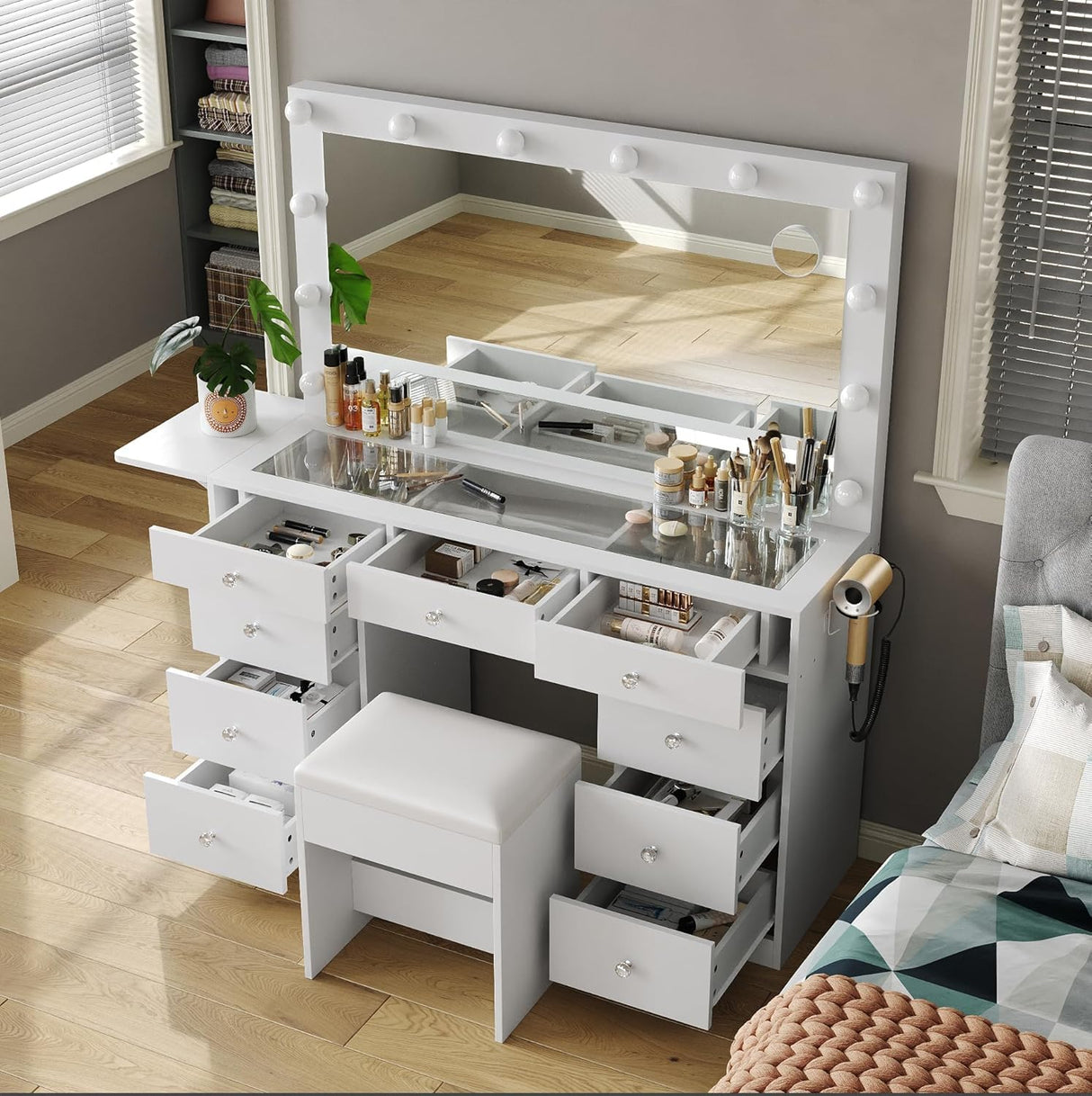 Vanity Desk with Power Outlet, 9 Drawers Makeup Vanity with Mirror and 12 LED Lights, 3 Lighting Modes, Glass Top Vanity Set, Fold-up Panel, Dressing Table for Bedroom FUSOU