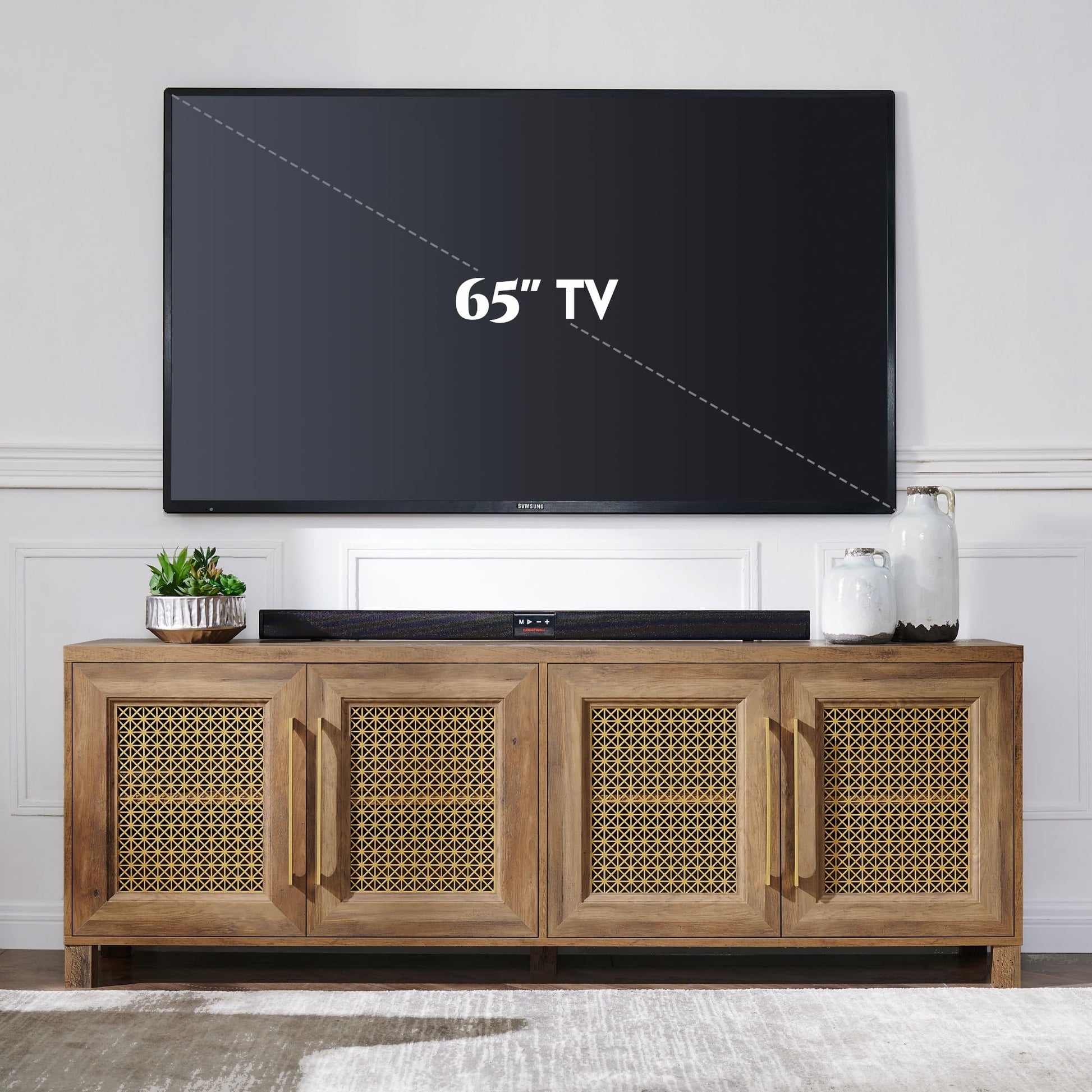 JYED Mid Century Modern TV Stand for TVs up to 75 Inch, with Hollow Metal Mesh Decorated，Boho TV Console with Storage Cabinet,Cable Holes, TV Stand for Living Room, 69.5"x15.6"x24.8", Rustic - WoodArtSupply