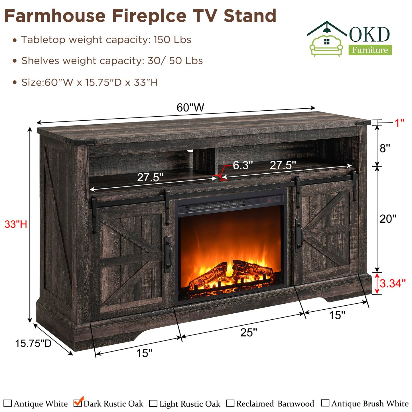 OKD Fireplace TV Stand for 65+ Inch TV, 33" Tall Highboy Farmhouse Entertainment Center w/ 23'' Electric Fireplace, Rustic Media Console w/Sliding Barn Door for Living Room, Dark Rustic Oak