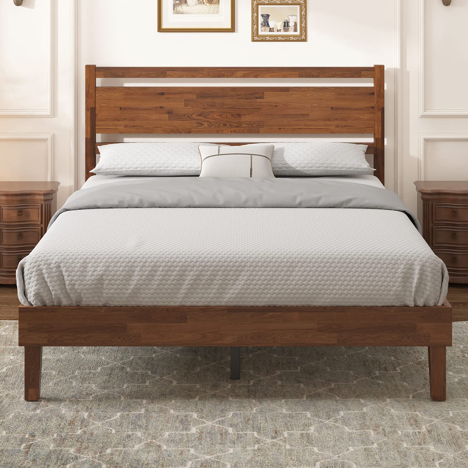 Crisinant Retro Brown King Wood Bed Frame with Headboard and Strong Slat Support - WoodArtSupply