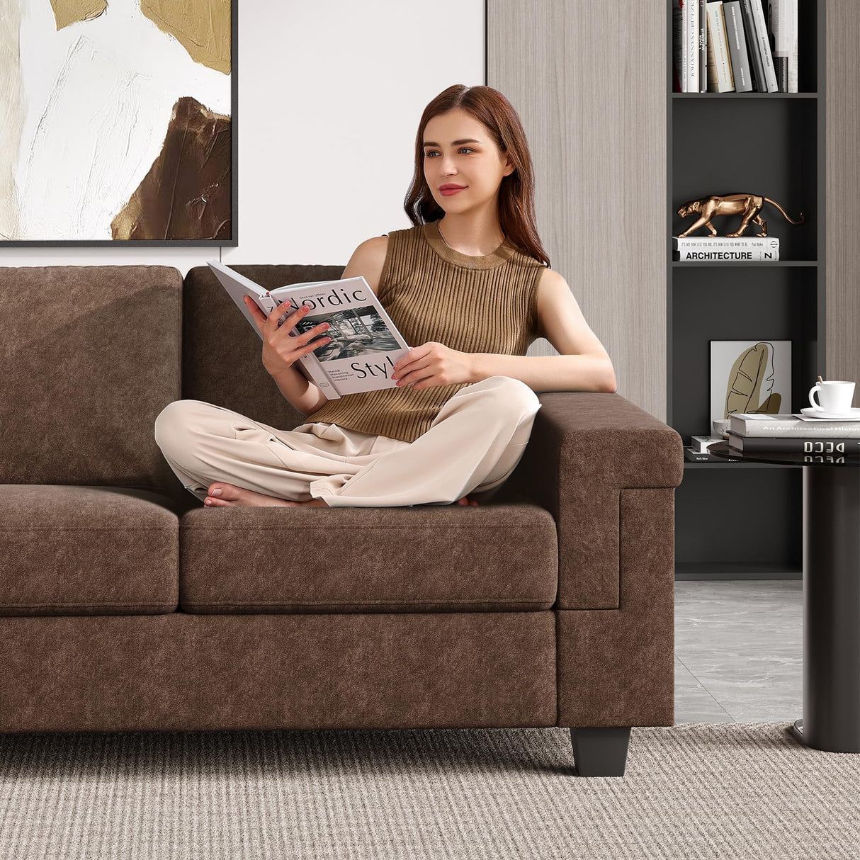 COPIAE 3 Seater Sofa Couch with Deep Seat, 90" Modern Upholstered Sofa with Armrests, Easy Installation, Comfy Couches for Living Room, Apartment,Dark Brown COPIAE