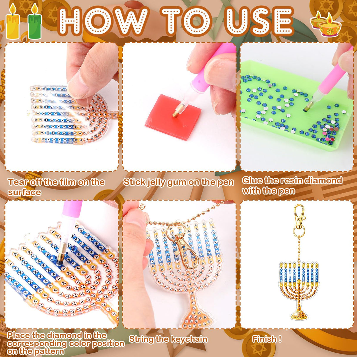 DEEKIN 30 Pcs Hanukkah Diamond Painting Keychains Hanukkah Crafts Ornaments Keychains Double Sided 5D Star Menorah Diamond Key Rings for Hanukkah DIY Birthday Party Supplies Favors Deekin