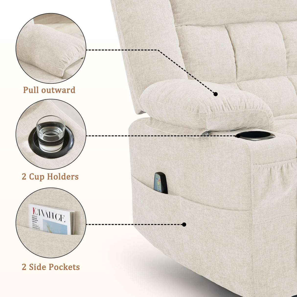 Korser 360° Swivel Rocker Recliner for Adults, Nursery Glider Recliner with Massage and Heating, Rocking Chair with Cup Holder, Manual Recliner Chair for Living Room, Bedroom (Fabric, Beige) Korser