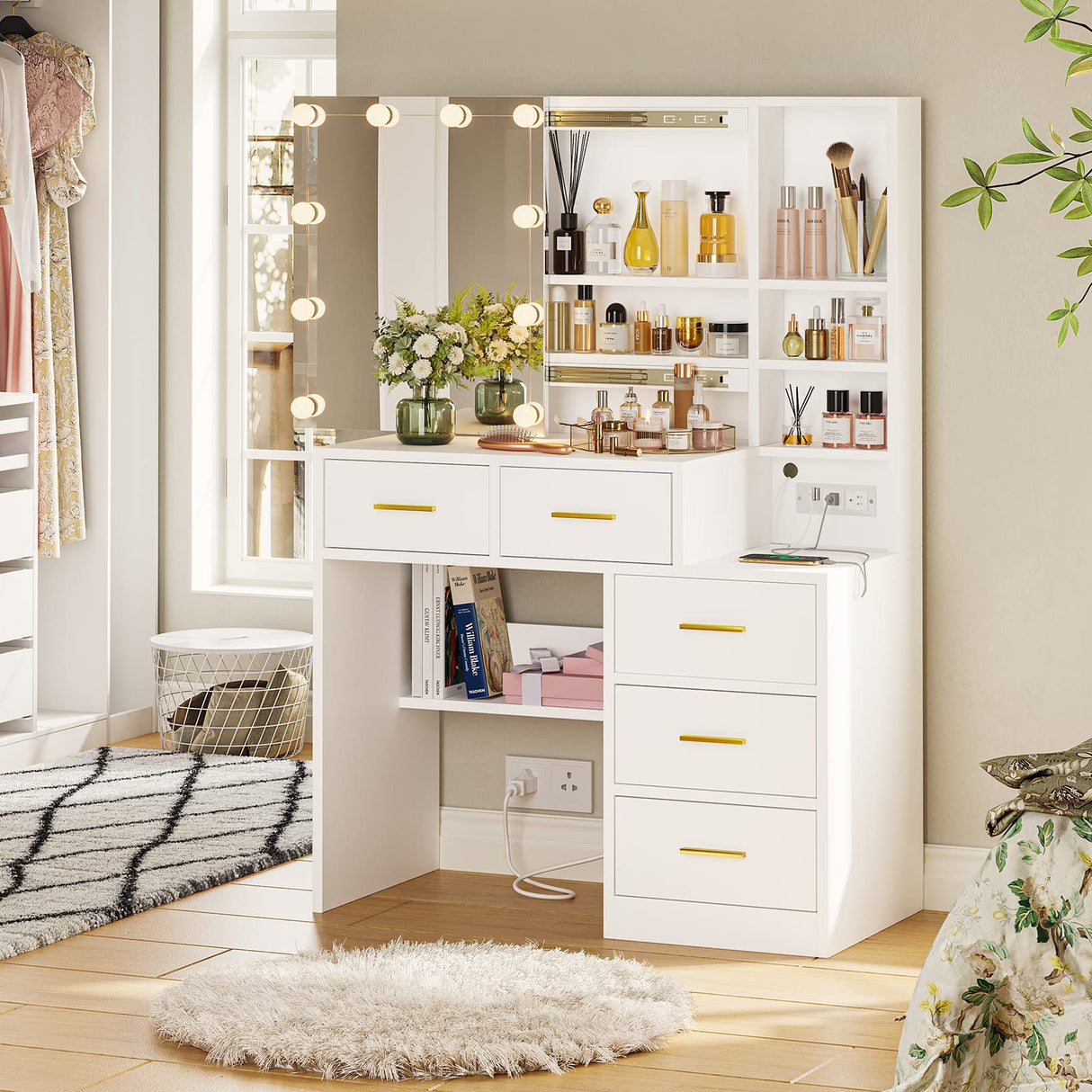 BTHFST Vanity Desk with Sliding Mirror and Lights, Makeup Vanity with Lights and Charging Station, Makeup Desk with 5 Drawers, Modern Vanity Table with Hidden and Open Storage Shelves, White BTHFST