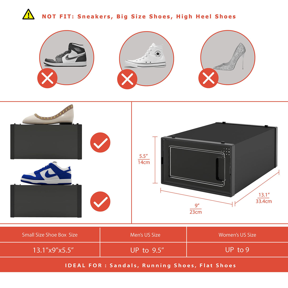 MELDEVO 12 Pack Shoe Organizer Boxes, Black Plastic Stackable Shoe Storage Bins For Closet, Space Saving Shoe Holder Sneaker Display Case for Medium Size Shoes MELDEVO